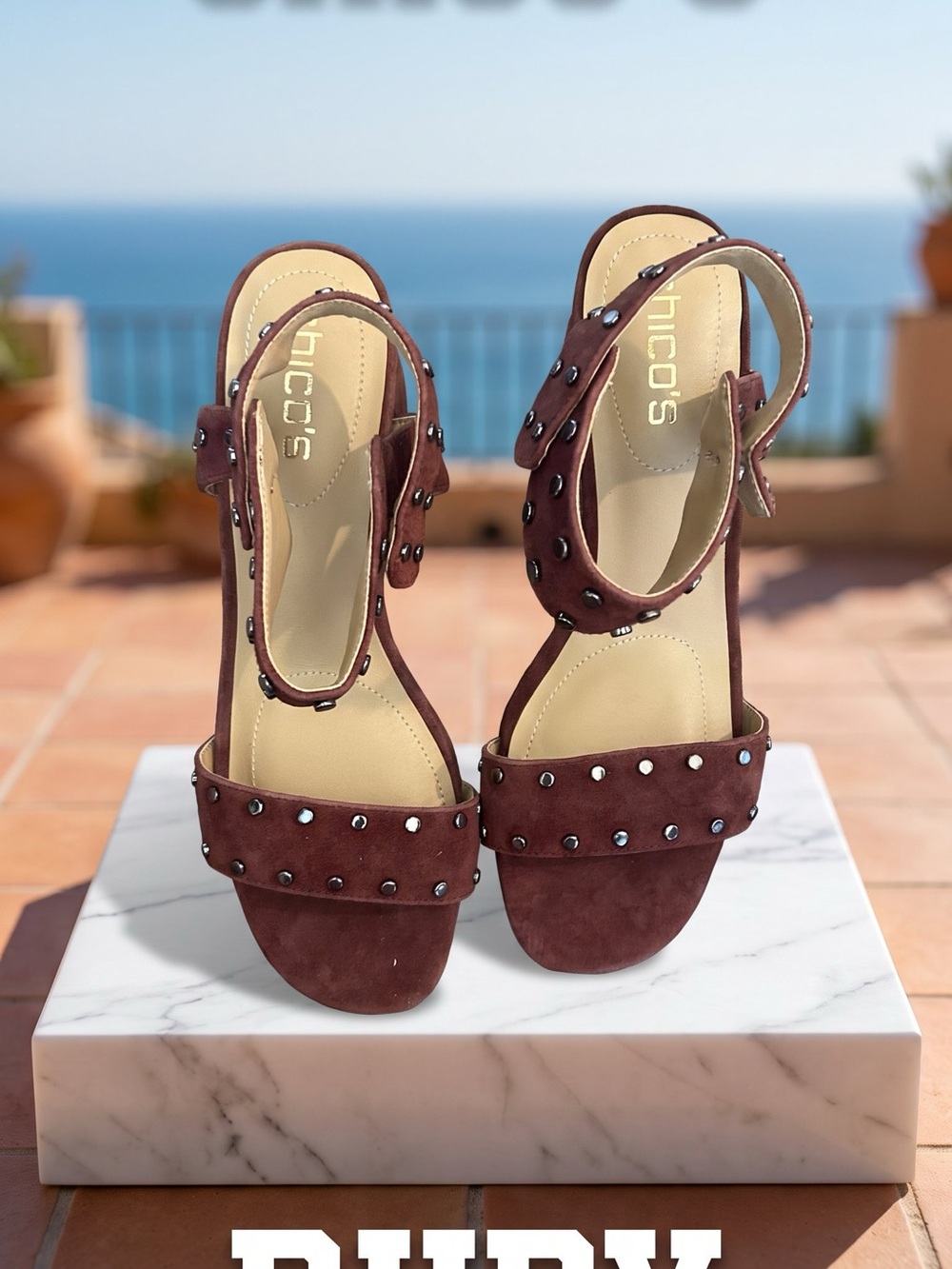 Chico's Studded Suede Heeled Sandals - Burgundy